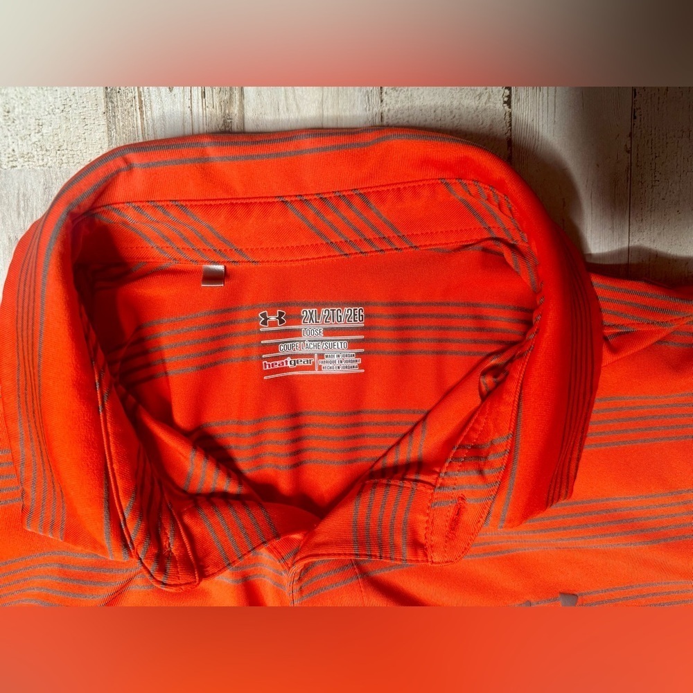Under Armour Polo Shirt Mens 2XL Orange Performance Loose Heatgear Stripe - Picture 4 of 9